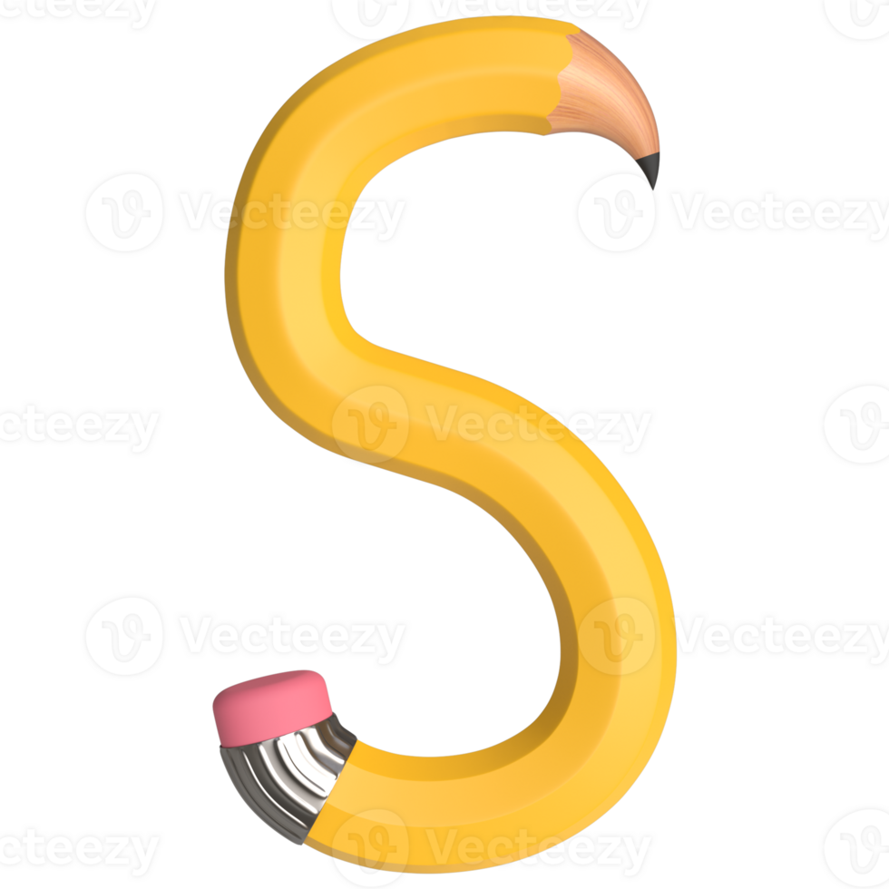 Realistic 3d rendering of Alphabet letter S, pencil shape in yellow color, high quality image for graphics element png