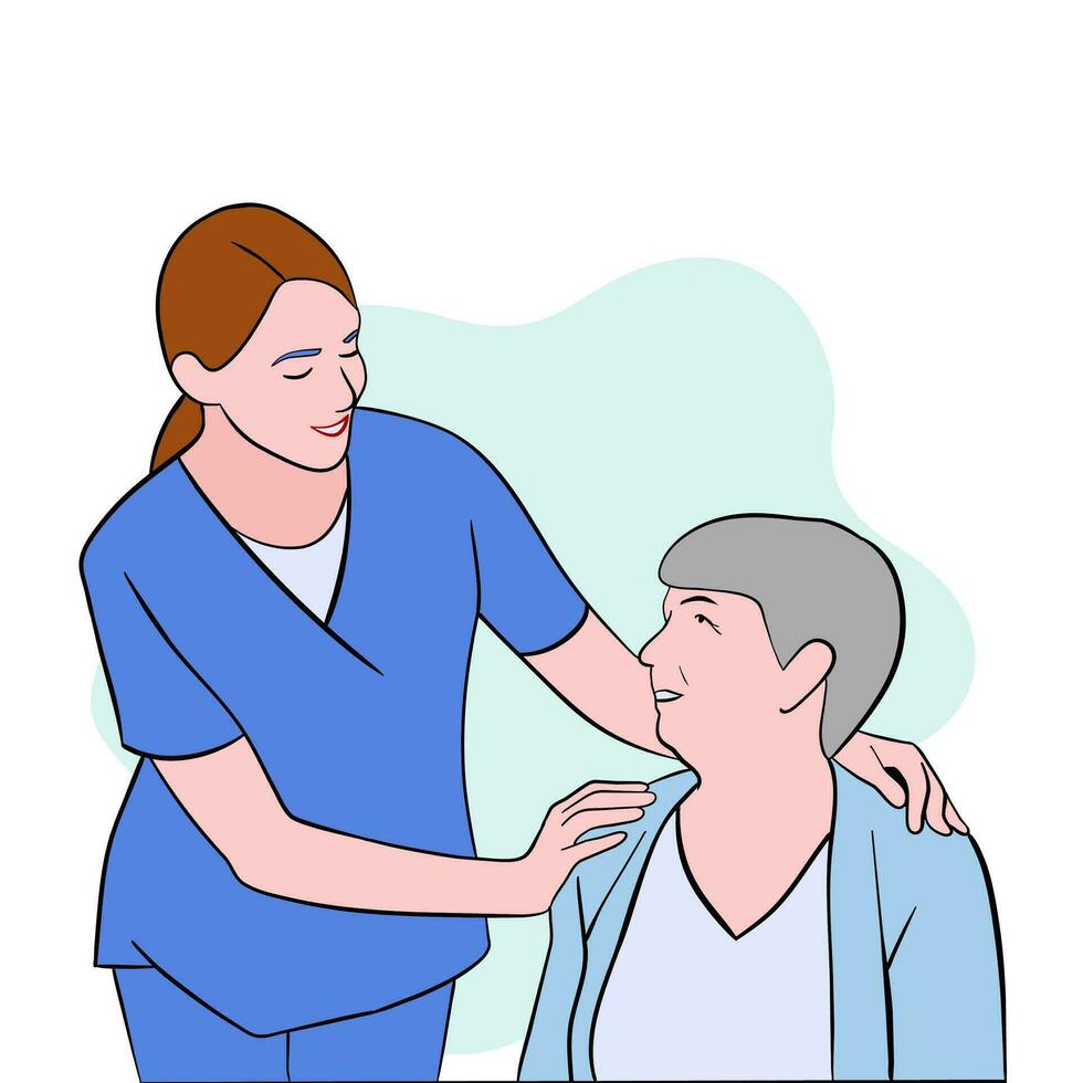 Nurse taking care of suffering senior patient. vector