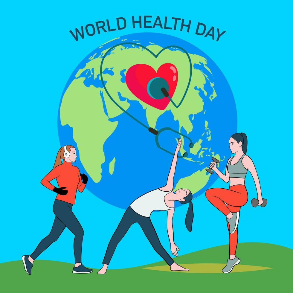 mundo salud día en abril 7mo ilustración con tierra y cuidado de la salud para web bandera o aterrizaje página en plano dibujos animados mano dibujado plantillas. vector