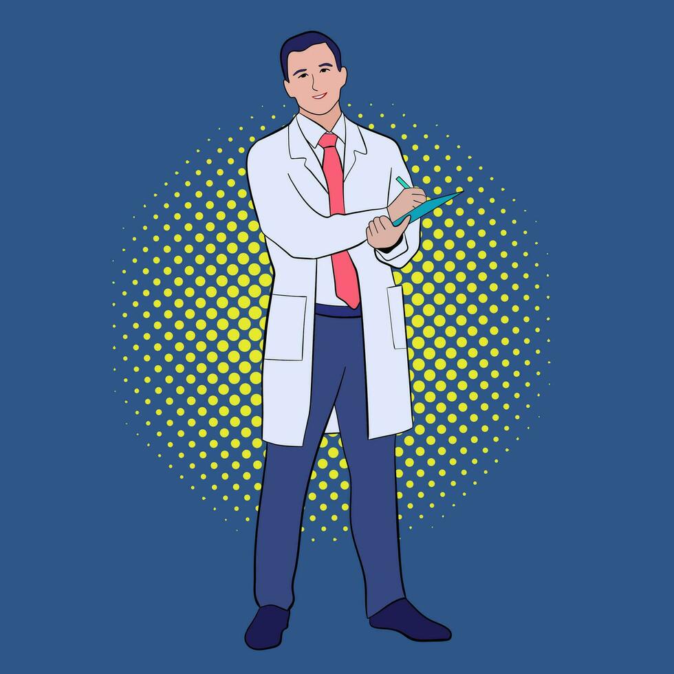 Hand drawn full length of confident male doctor on blue background. vector