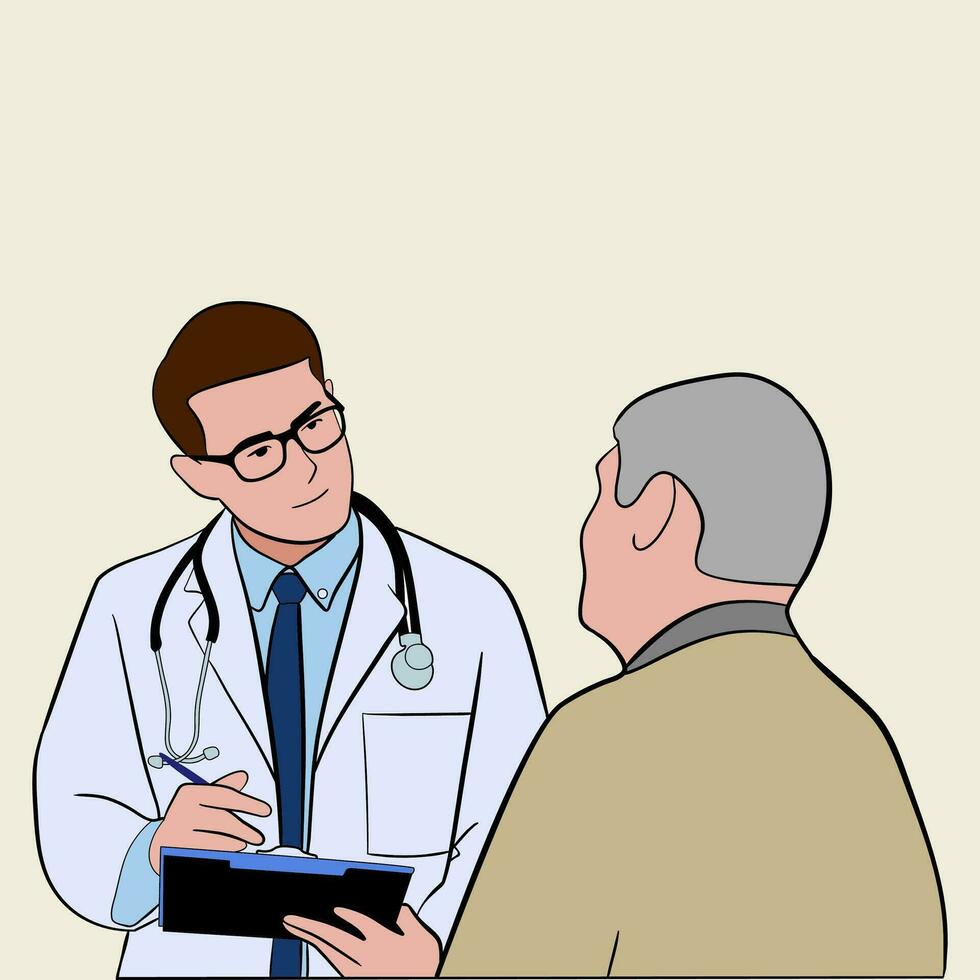mano dibujado un joven masculino médico yendo mediante médico registros con su mayor masculino paciente. vector ilustraciones para volantes, folleto, publicidad bandera.