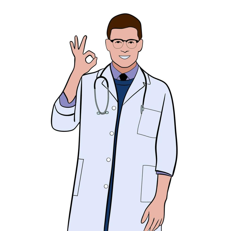 joven hermoso médico hombre terminado aislado antecedentes sonriente positivo haciendo Okay firmar con mano y dedos. vector