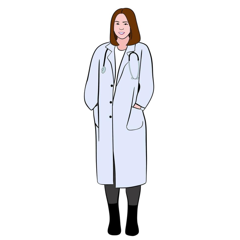 Hand drawn full length of confident female doctor on white background. vector