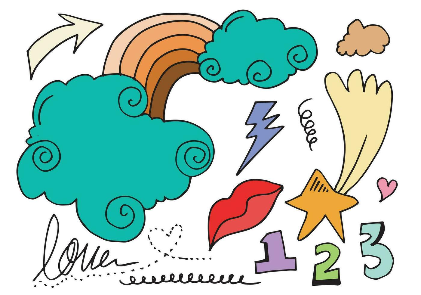 hand-drawn colorful doodle set on white background. vector