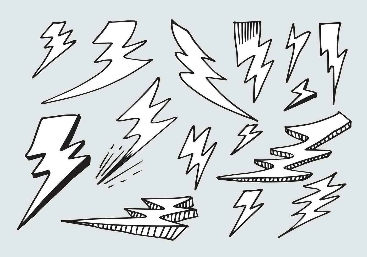 set of hand drawn vector doodle electric lightning bolt symbol sketch illustrations. thunder symbol doodle icon.