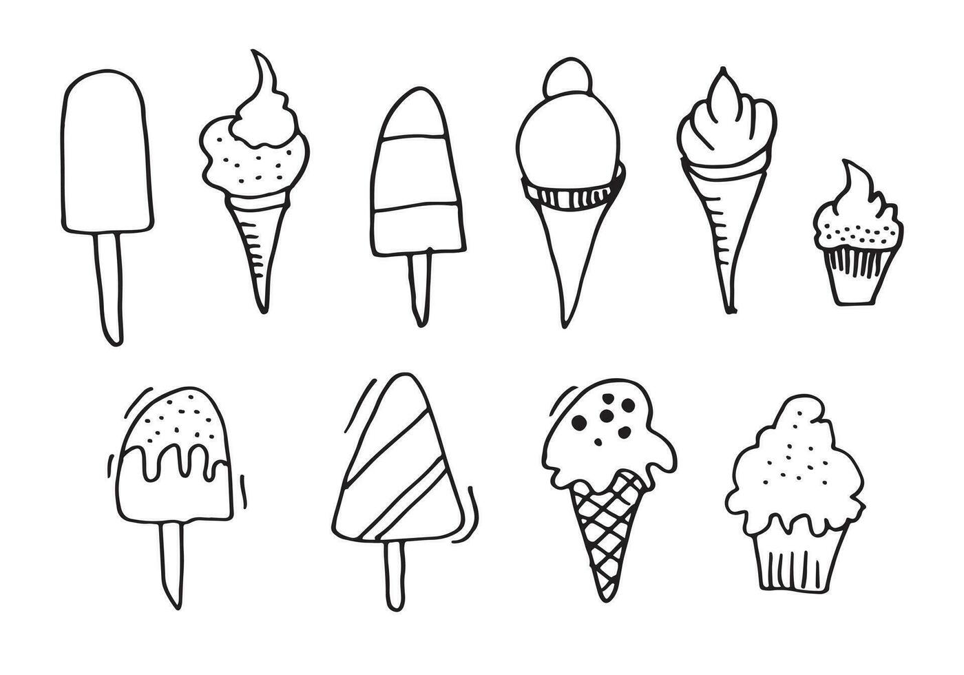 Hand drawn set of doodle with different ice cream on white background. vector