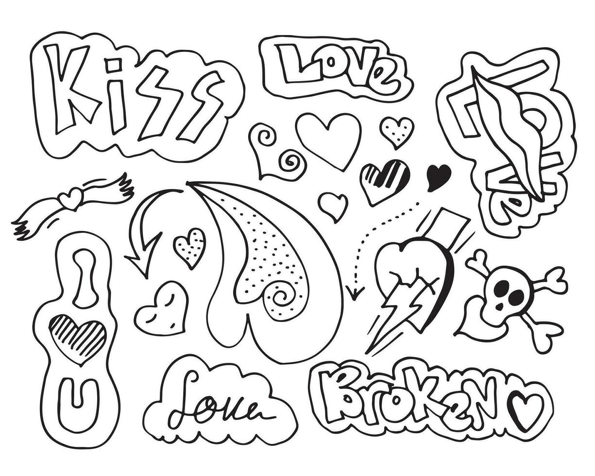 Hand drawn vector illustration. Hands and hearts and love text for design elements