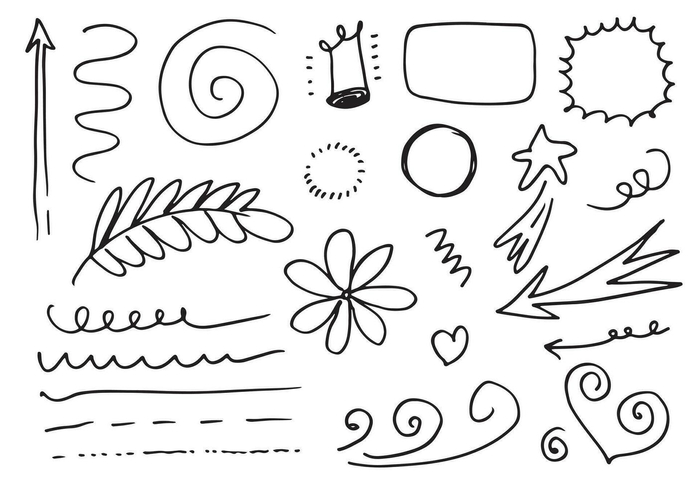 leaves, hearts, abstract, ribbons, arrows and other elements in hand drawn styles for concept designs. Doodle illustration. Vector template for decoration