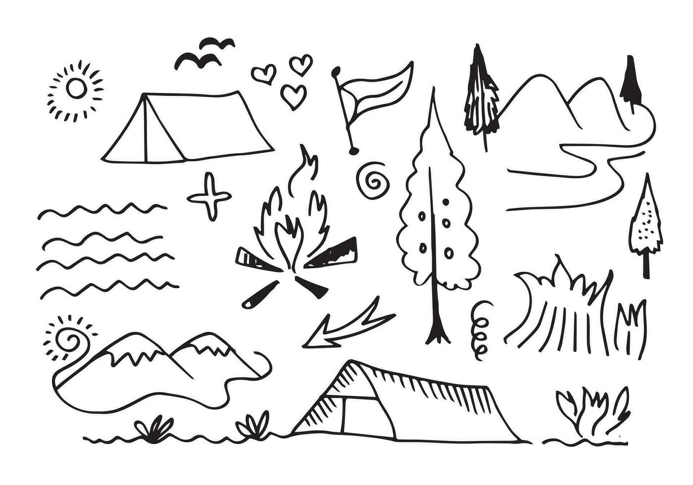 Elementos de camping y senderismo dibujados a mano, aislados en fondo blanco. Iconos de garabatos de camping boceto hecho a mano. vector