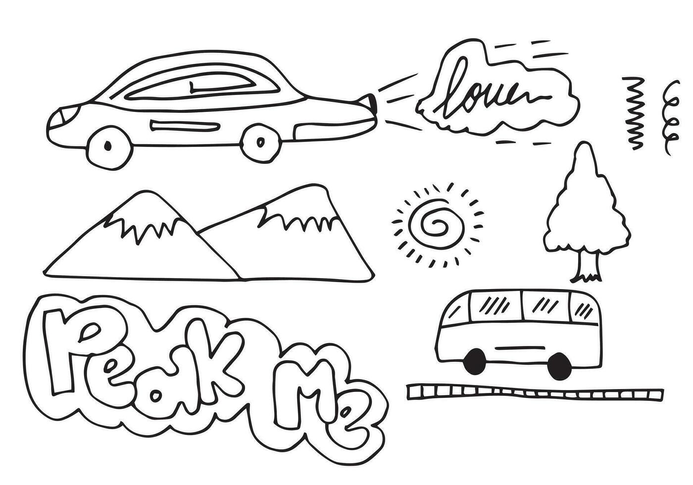 cute boys doodle drawing with car, truck, trees and pick me text. vector