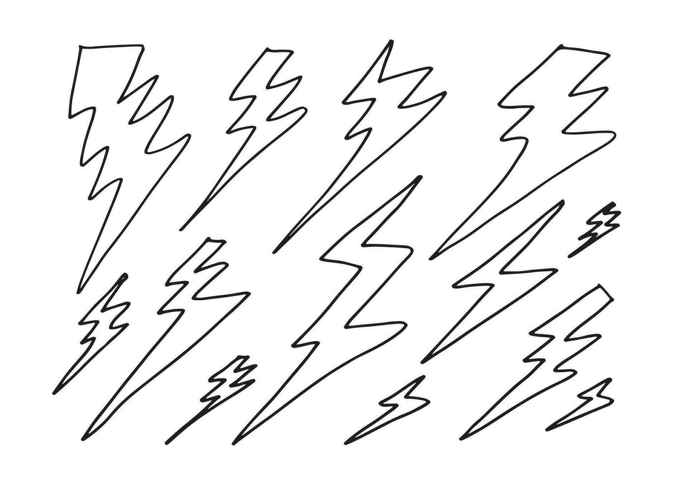set of hand drawn vector doodle electric lightning bolt symbol sketch illustrations. thunder symbol doodle icon.