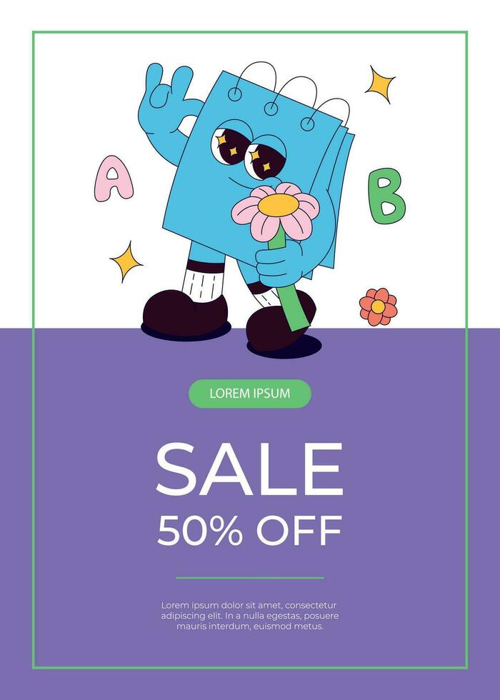 Promo sale flyer with funky retro groovy stickers note character with flower. Back to school. Children's stationery, funny study school supplies. Nostalgia 60s, 70s, 80s. A4 for poster, cover vector