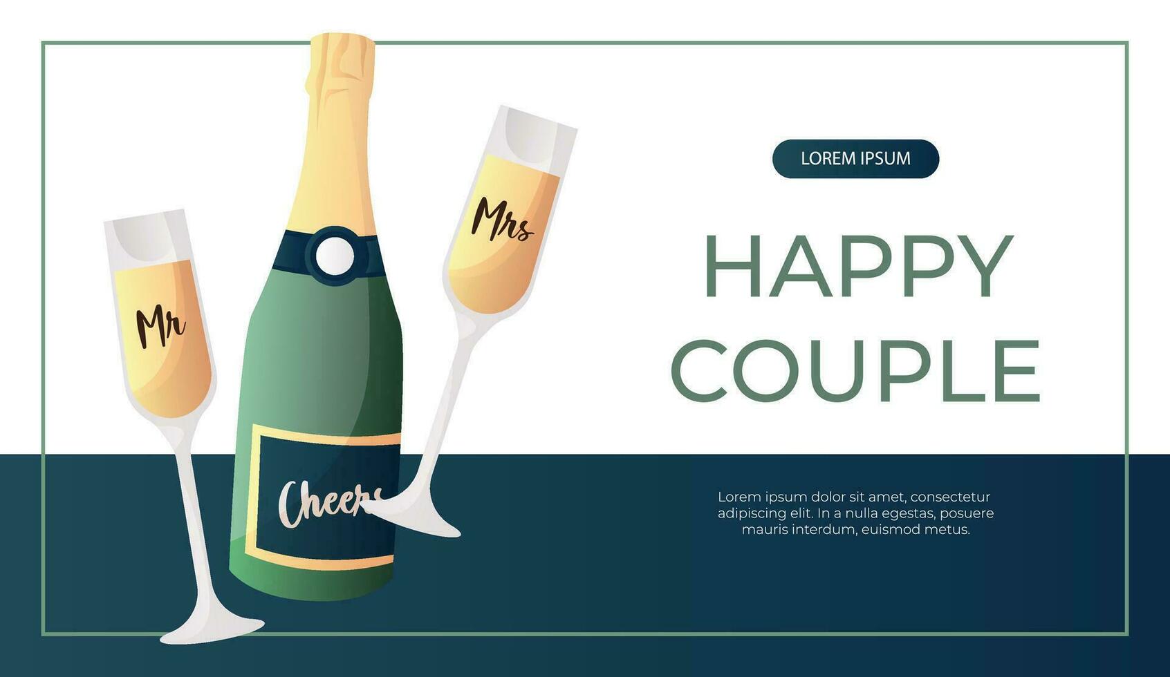 Promo banner with wedding cheers bottle of champagne, prosecco, holiday sparkling wine. Wedding day accessories, decorations. Celebrate marriage, save the date ceremony for poster, advertising vector