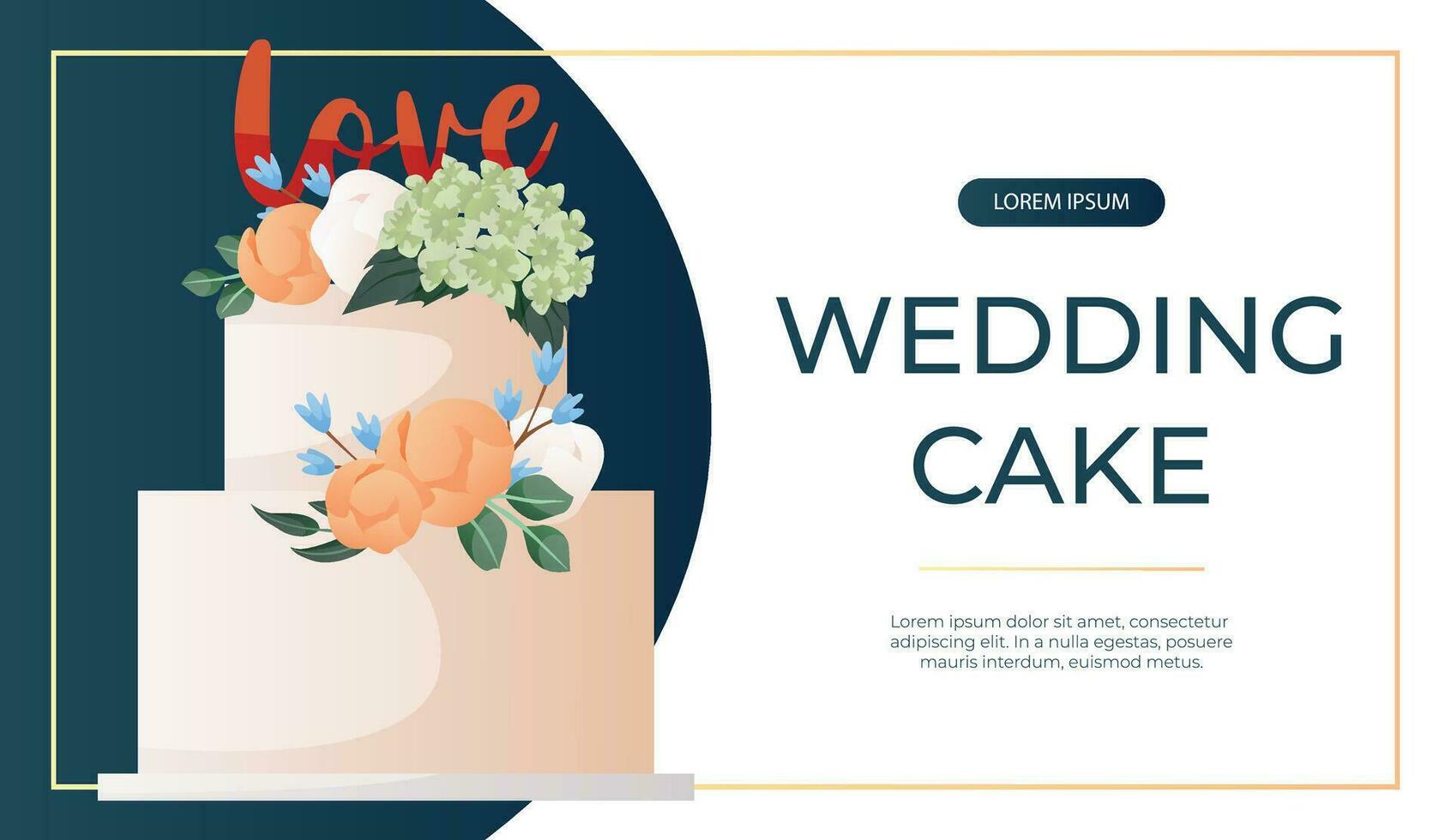 Promo banner with two-tiered white cake with flowers, leaves, love sign. Wedding day accessories, decorations. Celebrate marriage, save the date ceremony A4 vector for poster, cover, advertising