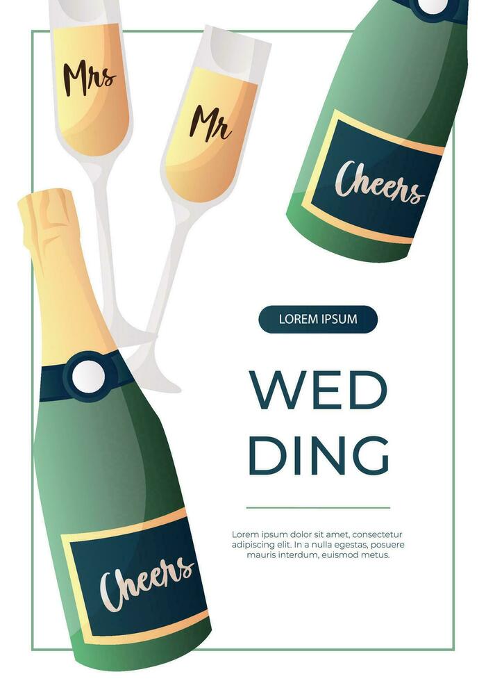 Promo flyer with wedding cheers bottle of champagne, prosecco, holiday sparkling wine. Wedding day accessories, decorations.Celebrate marriage, save the date ceremony for poster, cover, advertising vector