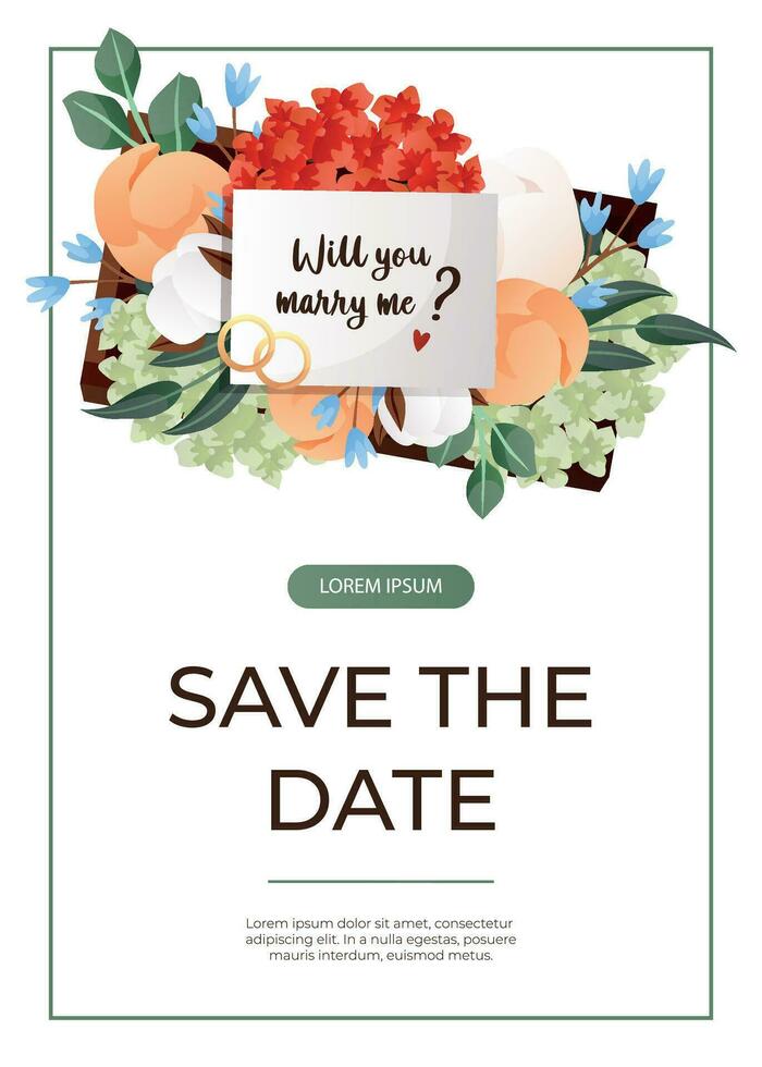 Promo flyer with Will You Marry Me proposing card in flower box with engagement rings. Wedding day accessories, decorations.Celebrate marriage, save the date ceremony for poster, cover, advertising vector