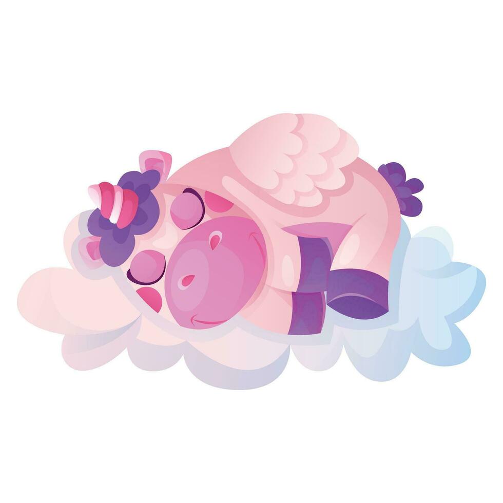 Cute magic unicorn sleeping on cloud with twisted horn, mane. Pony fairy tale fictional character. Baby rainbow pegasus, funny small unicorns. Wonderland fairytale mascot, magical creature dream horse vector