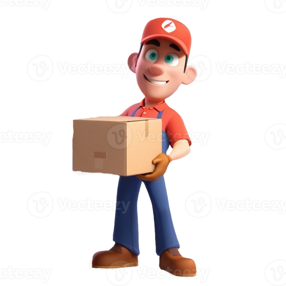 AI generated a 3d delivery man with package on Isolated transparent background png. generated with AI png