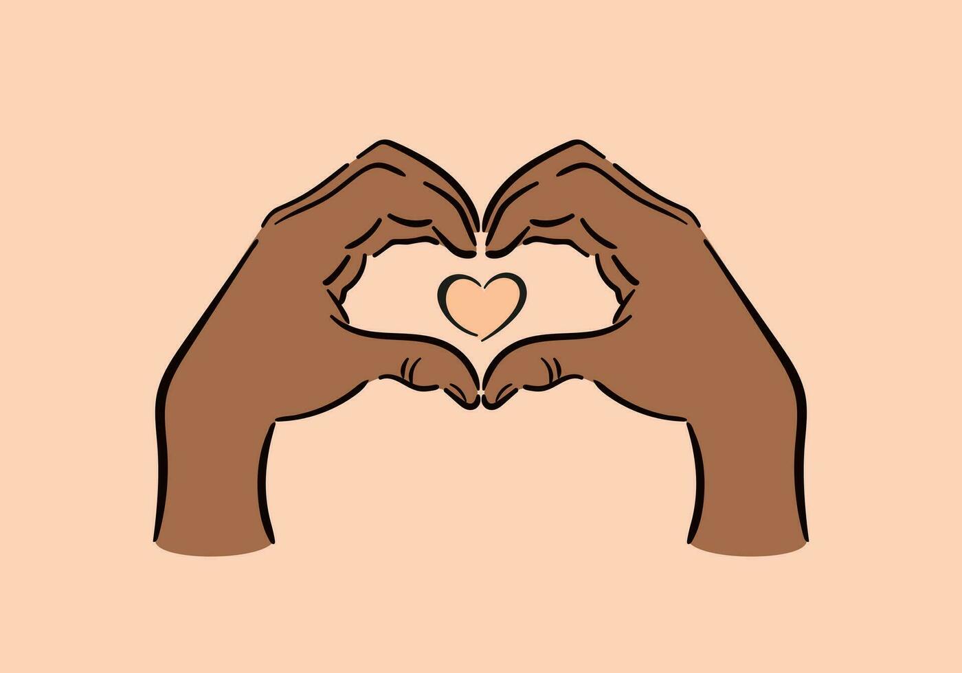 negro mans manos formar un corazón. contento san valentin día. gesto representando amor. vector ilustración en un incompleto minimalista estilo. para carteles, postales, sitio web, pancartas, diseño elementos. melocotón pelusa.