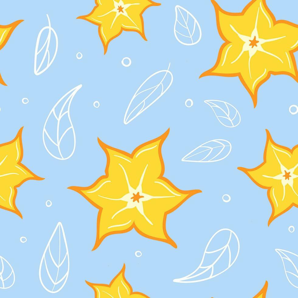 Carambola summer seamless pattern in minimalistic style. Tropical exotic fruits, leaves. Healthy food. For menu, cafe, wallpaper, fabric, wrapping vector