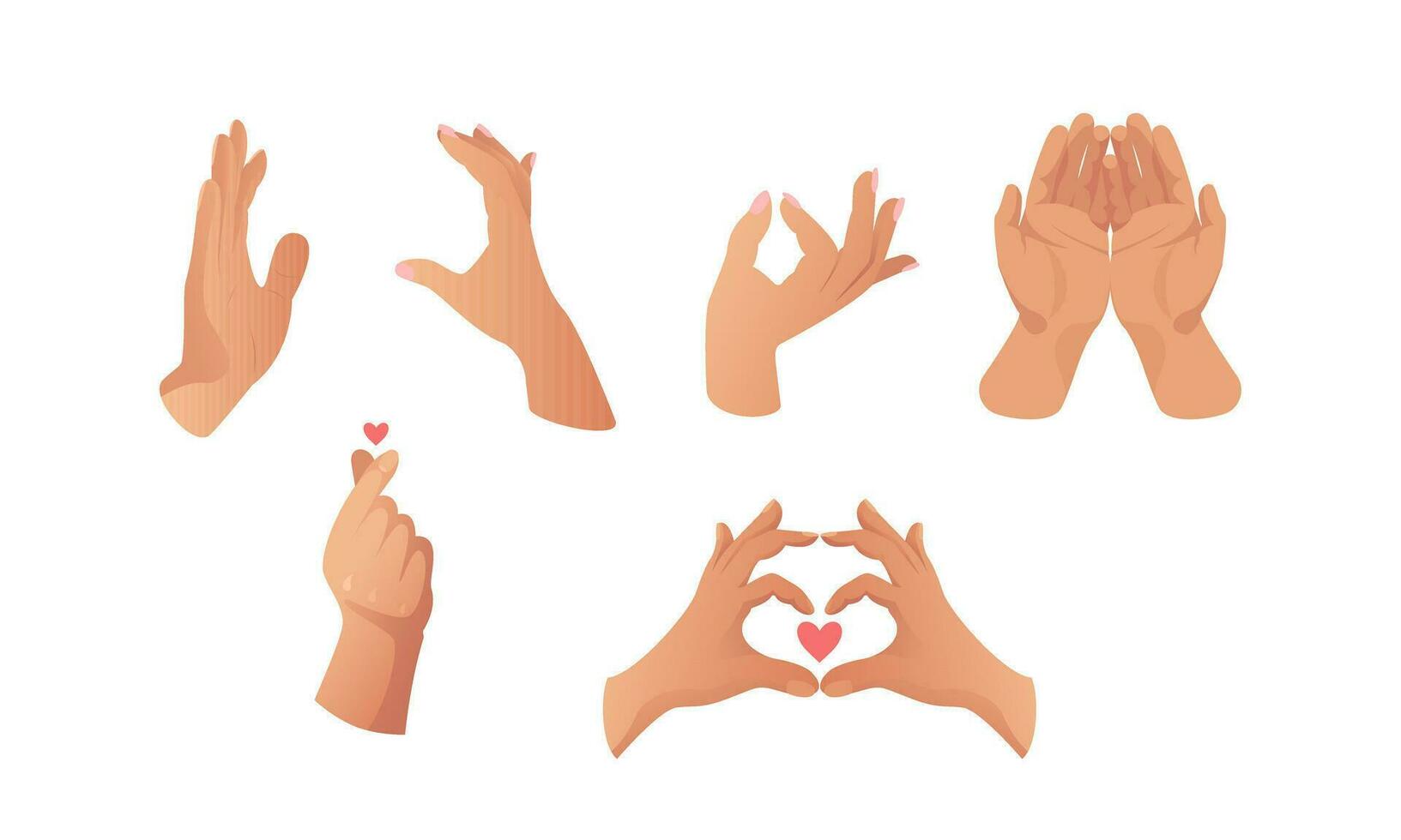 Set of hand gestures. Cartoon human palms and wrist. Emoji for messengers. Finger Heart. Happy Valentines Day. Hand depicting love. Illustration in realistic style. vector