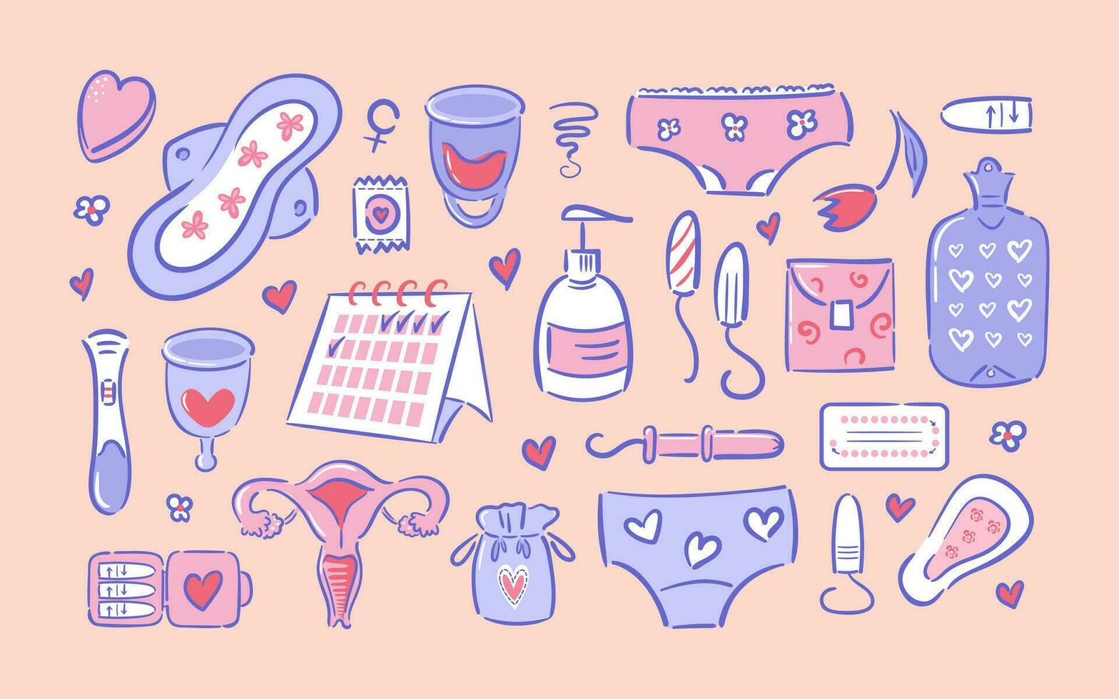 conjunto de femenino higiene artículos en mano dibujar estilo. menstrual tazas, calendario. reutilizable y desechable almohadillas tampones, bragas, el embarazo prueba y nacimiento controlar pastillas útero. mujer salud. ciclo rastreador vector