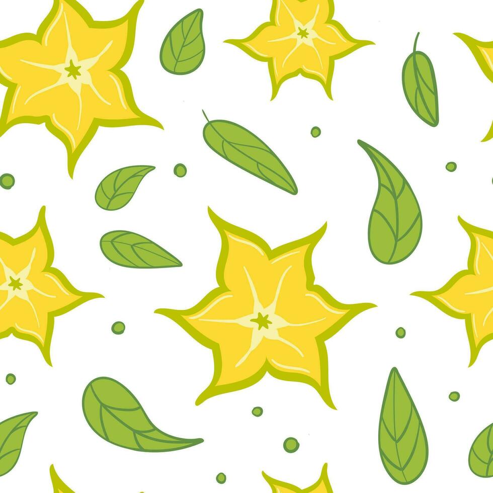 Carambola summer seamless pattern in minimalistic style. Tropical exotic fruits, leaves. Healthy food. For menu, cafe, wallpaper, fabric, wrapping vector