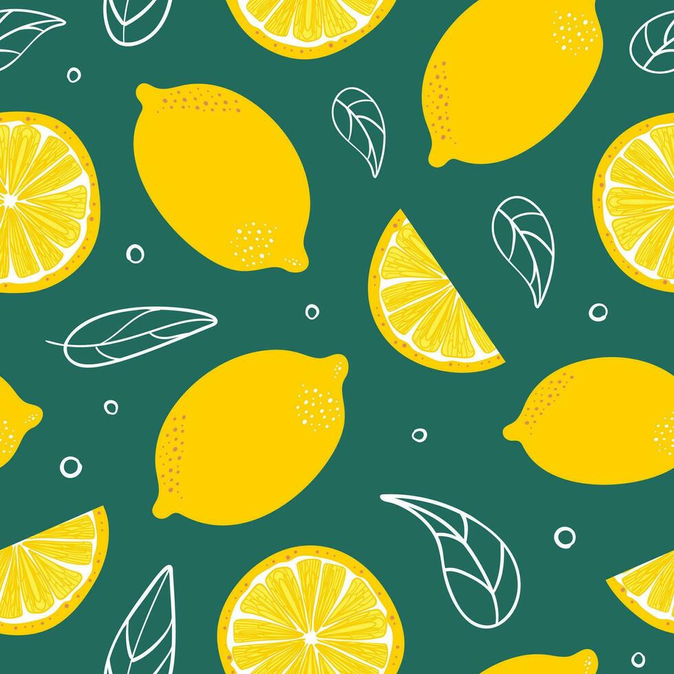 limón verano sin costura modelo en minimalista estilo. tropical exótico frutas, hojas. sano alimento. para menú, cafetería, fondo de pantalla, tela, envase, antecedentes. melocotón pelusa. vector