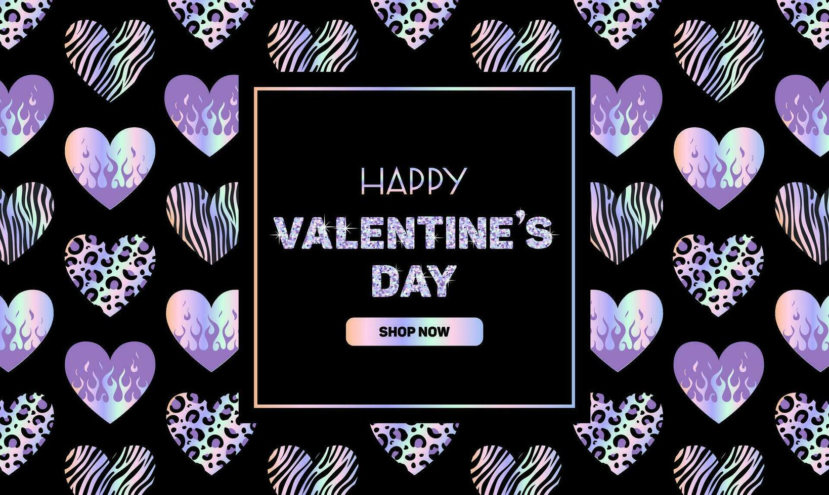 Horizontal luxury banner for Valentines Day. Metallic holographic Y2k sticker, Shining gradient heart on fire, animalistic pattern. Zebra, leopard, tiger. foil in 2000s style. Flame. 90s, 00s. vector