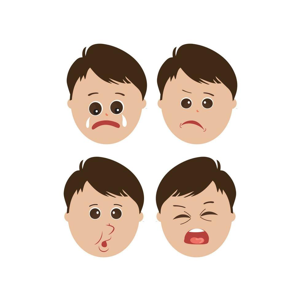 Cute little boy facial expressions. Vector of kid faces illustration with different emotions such as happy, smiling, laughing, winking, angry, confused, worried.