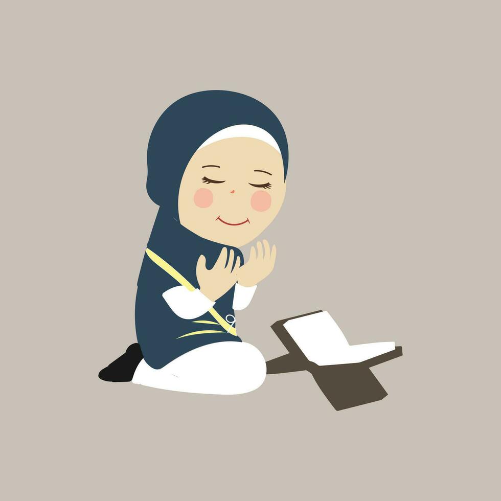 Muslim kid, little girl ramadan cartoon vector illustration. Cute female child in traditional clothes. Happy and smiling children character in hijab. Muslim girl in different action