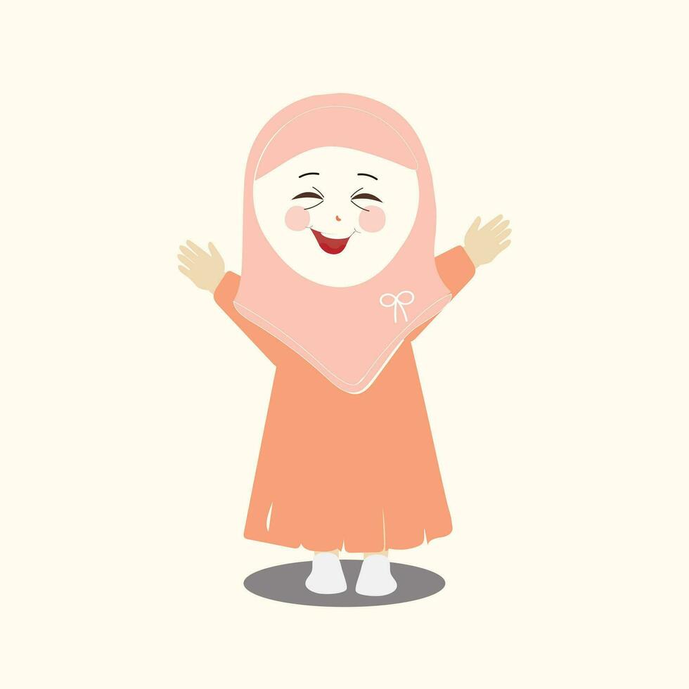 Muslim kid, little girl ramadan cartoon vector illustration. Cute female child in traditional clothes. Happy and smiling children character in hijab. Muslim girl in different action
