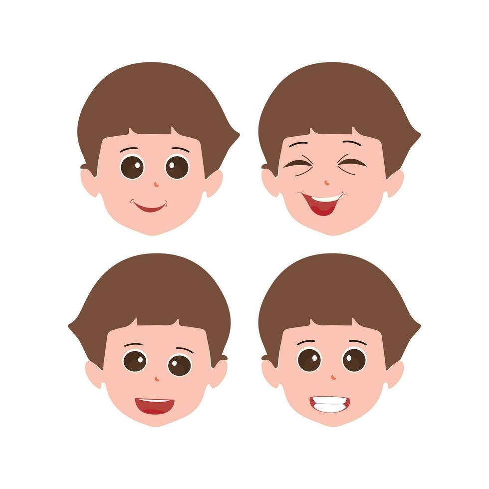 Cute little boy facial expressions. Vector of kid faces illustration with different emotions such as happy, smiling, laughing, winking, angry, confused, worried.