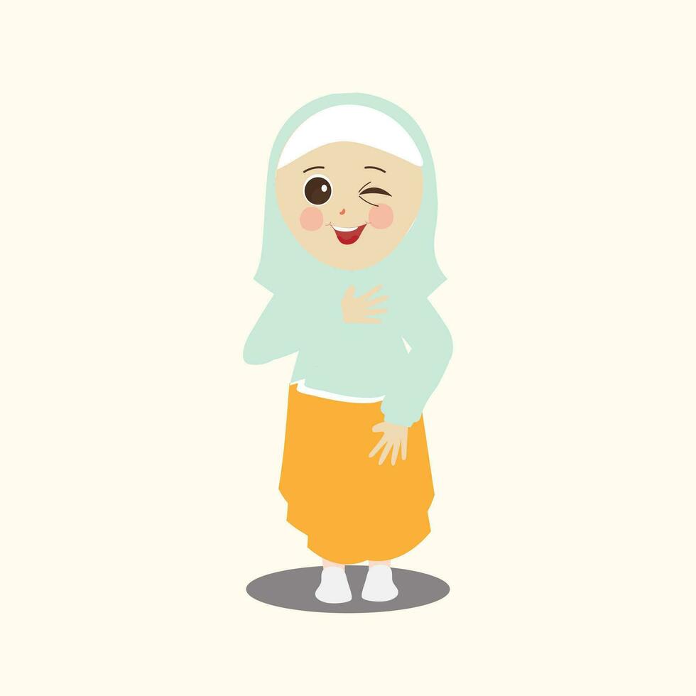 musulmán niño, pequeño niña Ramadán dibujos animados vector ilustración. linda hembra niño en tradicional ropa. contento y sonriente niños personaje en hiyab musulmán niña en diferente acción