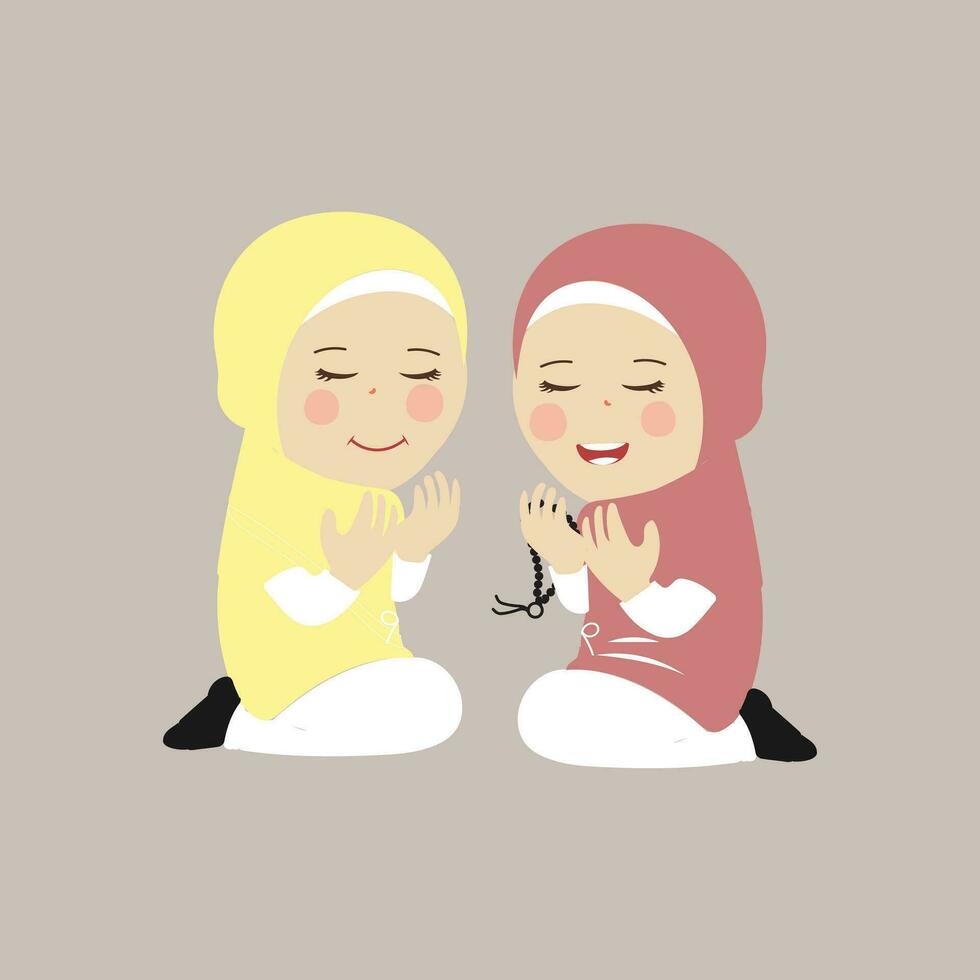 musulmán niño, pequeño niña Ramadán dibujos animados vector ilustración. linda hembra niño en tradicional ropa. contento y sonriente niños personaje en hiyab musulmán niña en diferente acción