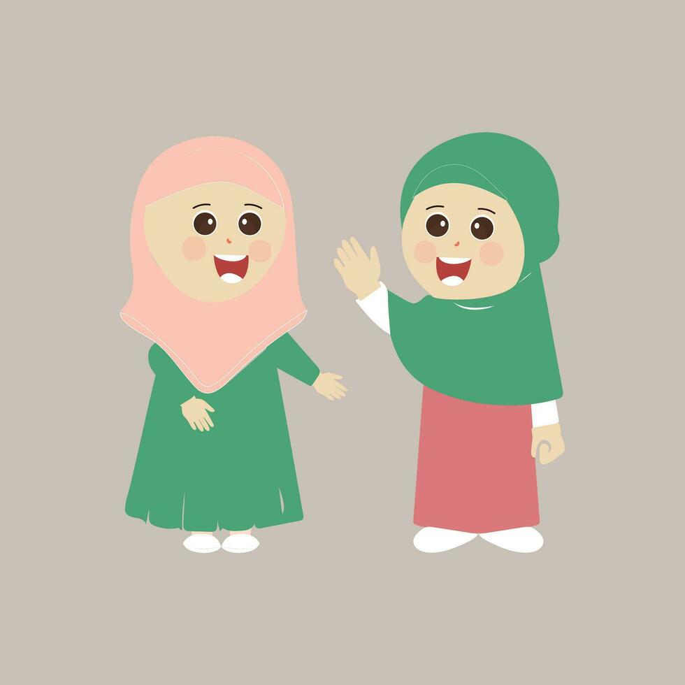 Muslim kid, little girl ramadan cartoon vector illustration. Cute female child in traditional clothes. Happy and smiling children character in hijab. Muslim girl in different action