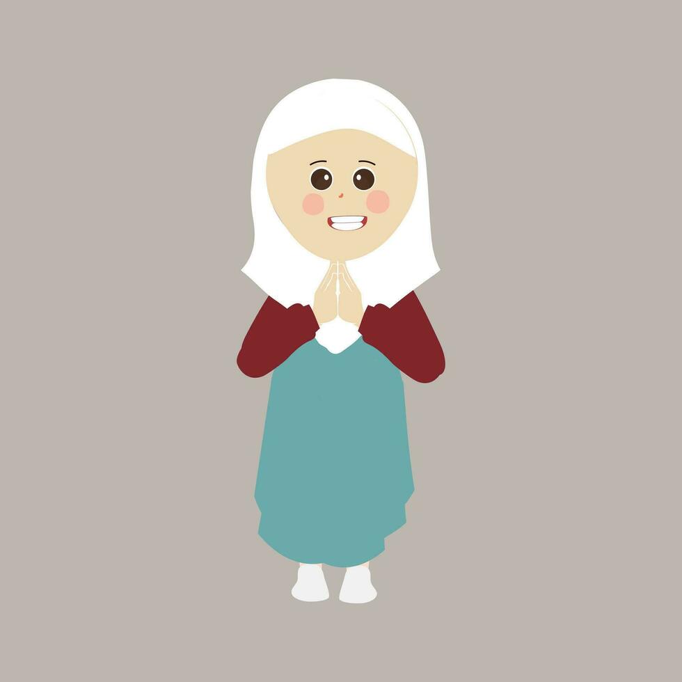 musulmán niño, pequeño niña Ramadán dibujos animados vector ilustración. linda hembra niño en tradicional ropa. contento y sonriente niños personaje en hiyab musulmán niña en diferente acción