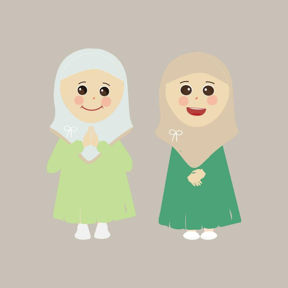 musulmán niño, pequeño niña Ramadán dibujos animados vector ilustración. linda hembra niño en tradicional ropa. contento y sonriente niños personaje en hiyab musulmán niña en diferente acción