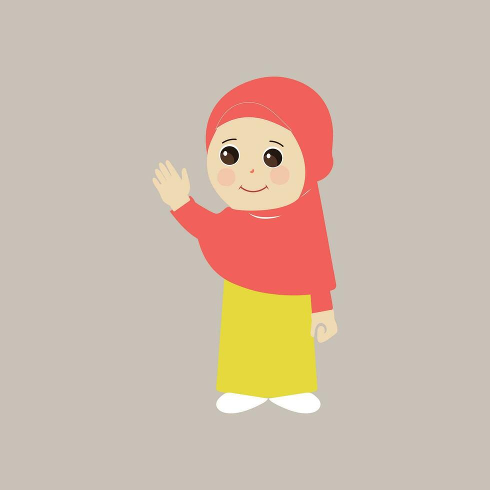 Muslim kid, little girl ramadan cartoon vector illustration. Cute female child in traditional clothes. Happy and smiling children character in hijab. Muslim girl in different action