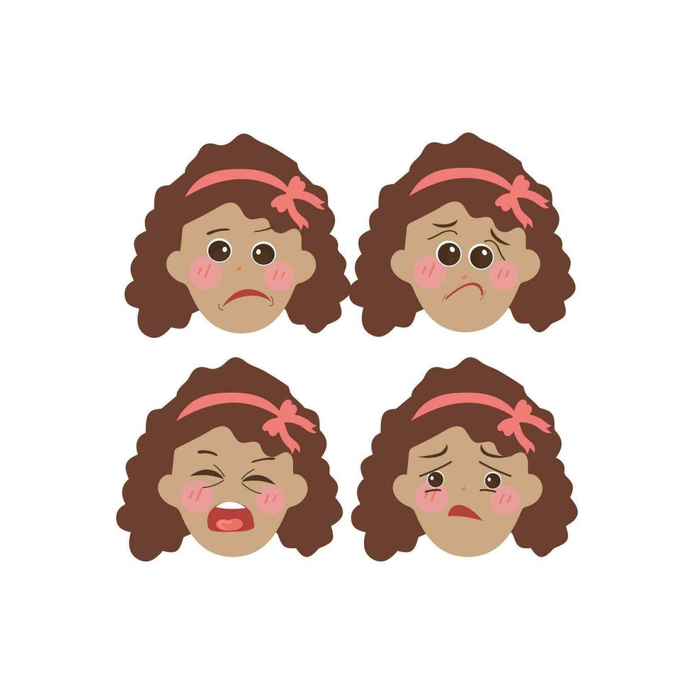 Little girl face expression, set of cartoon vector illustrations isolated on white background. Kid emotion face icons, facial expressions.