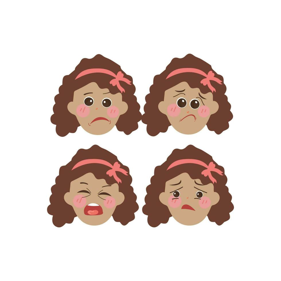 pequeño niña cara expresión, conjunto de dibujos animados vector ilustraciones aislado en blanco antecedentes. niño emoción cara iconos, facial expresiones