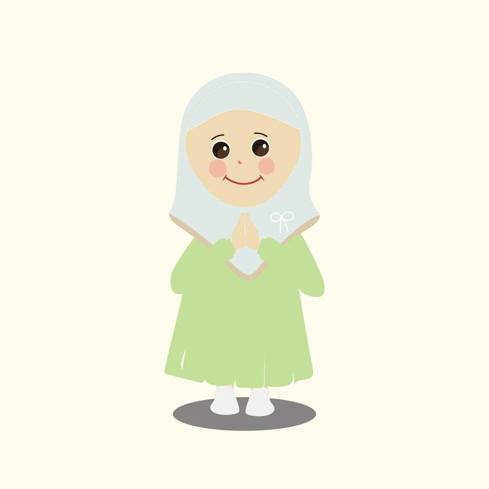 musulmán niño, pequeño niña Ramadán dibujos animados vector ilustración. linda hembra niño en tradicional ropa. contento y sonriente niños personaje en hiyab musulmán niña en diferente acción