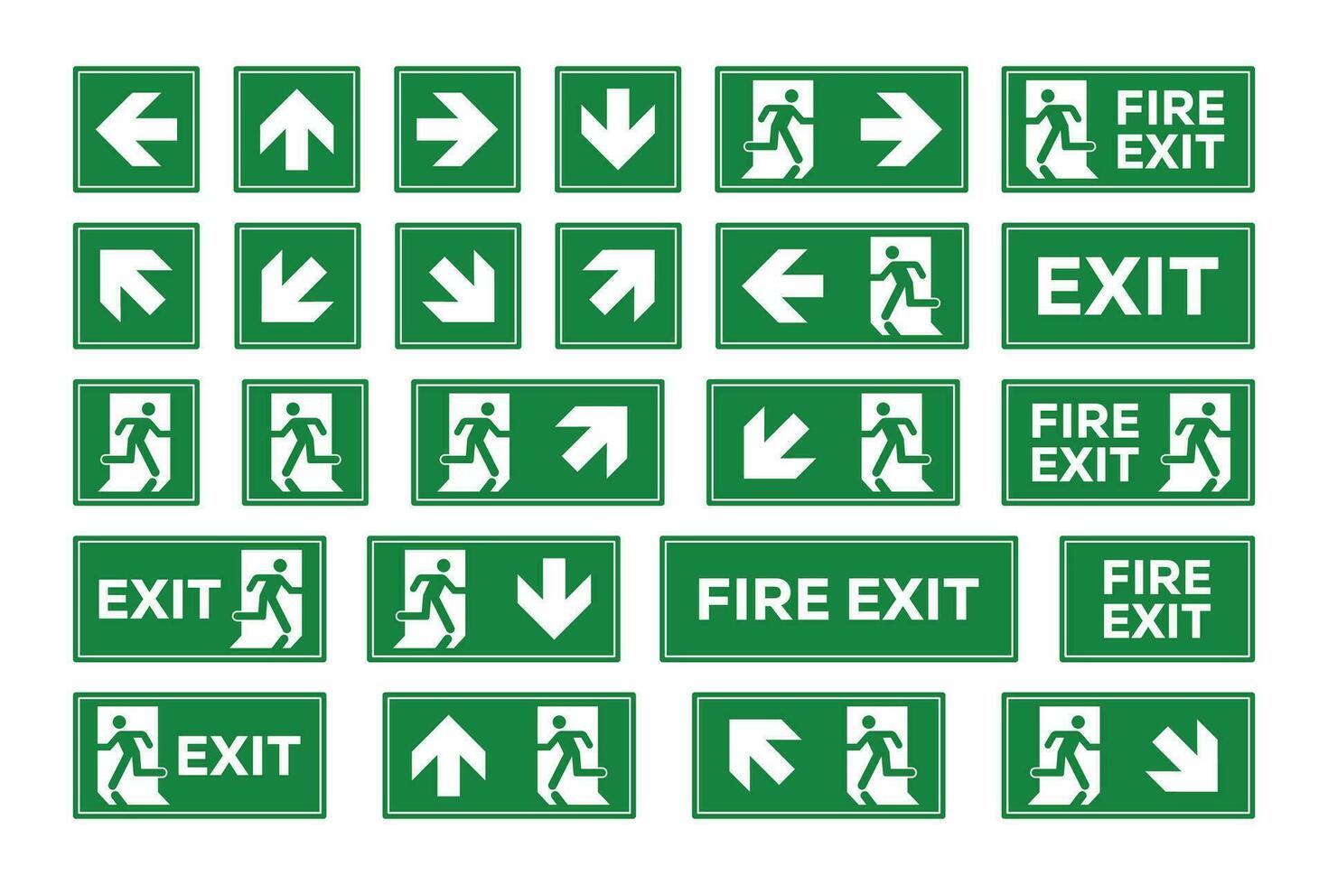 Arrow sign vector set. Fire exit signs set. Green emergency symbols on white background. Vector illustration