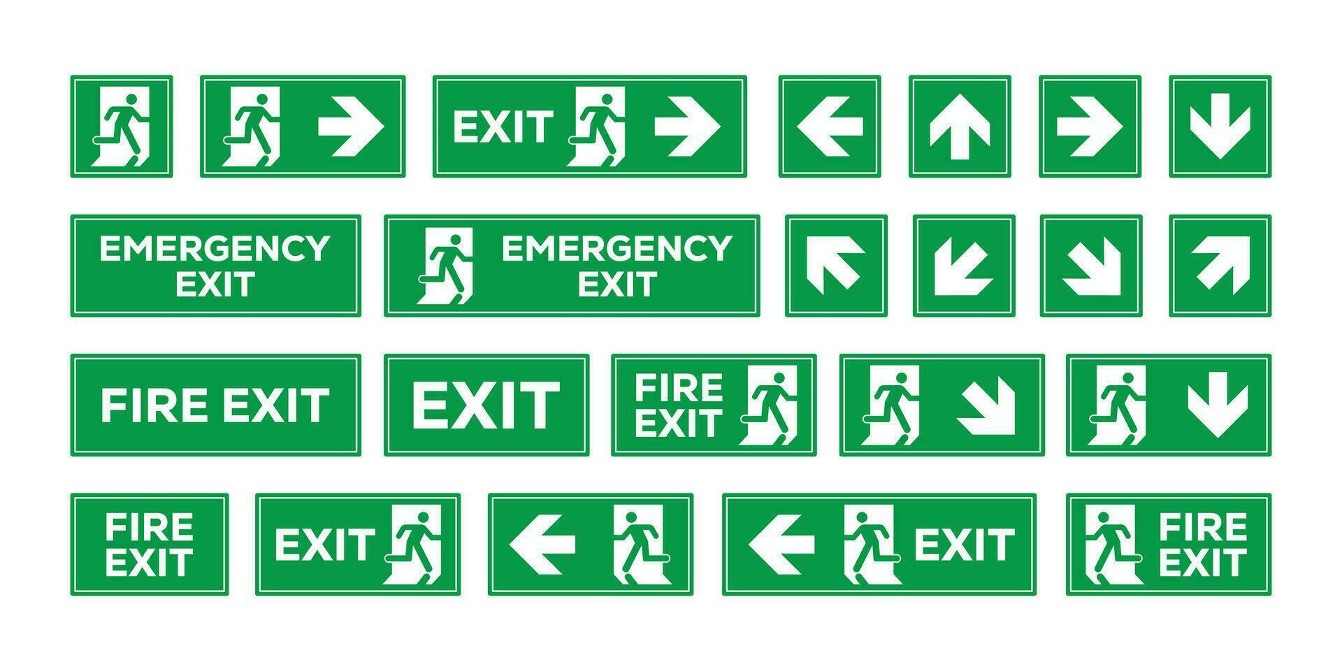 Emergency exit sign set. Emergency and fire exit icons. Man running out arrow, green background. vector