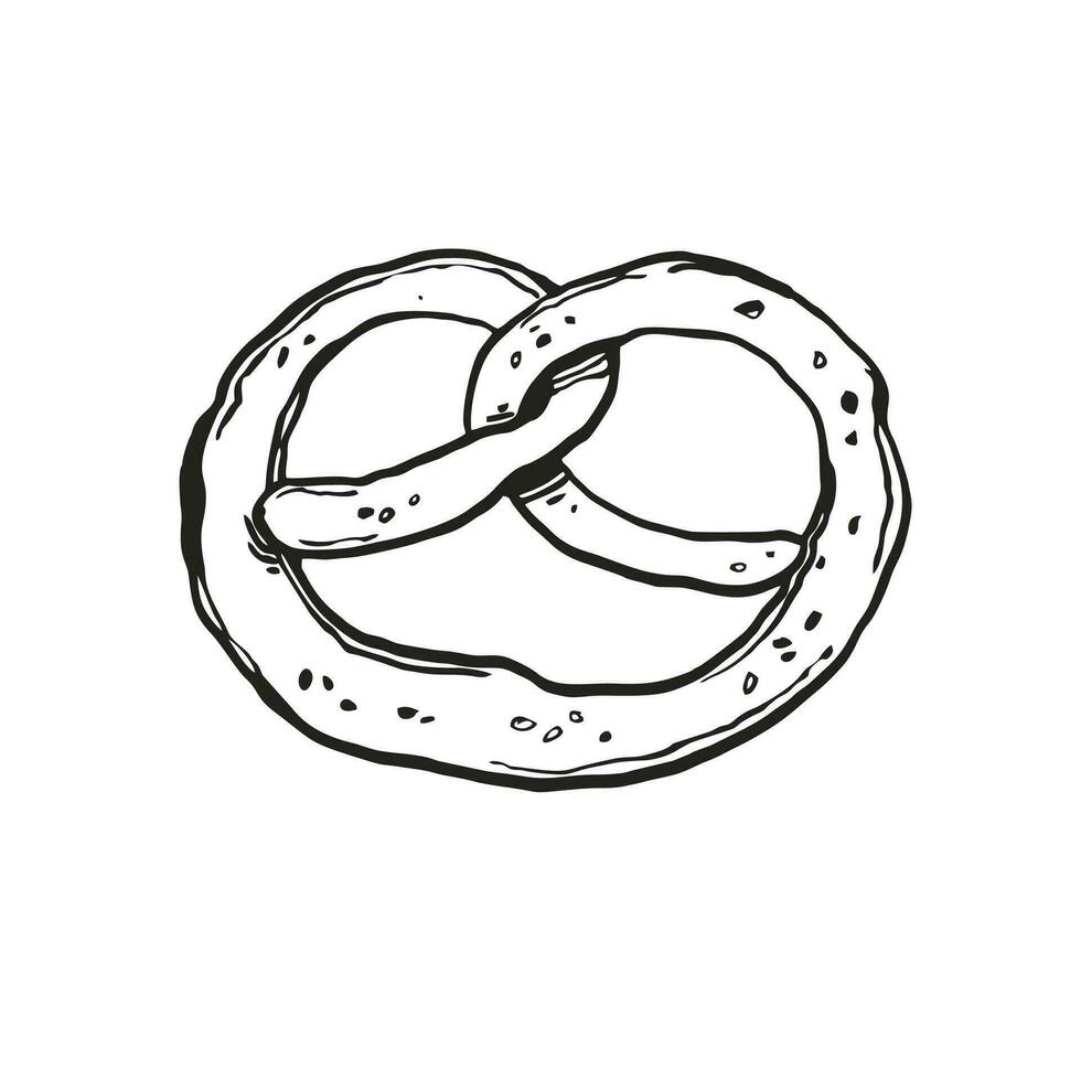 vector German bakery pretzel or bretzel, hand drawn sketch of crispy bread with sesame seed, Oktoberfest beer festival, traditional Bavarian doodle outline pretzel, black and white ink illustration