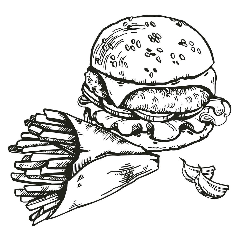 vector ilustración de francés papas fritas en arte papel y hamburguesa, ajo, mano dibujado bosquejo de rápido alimento, negro y blanco tinta comida ilustración aislado en blanco antecedentes