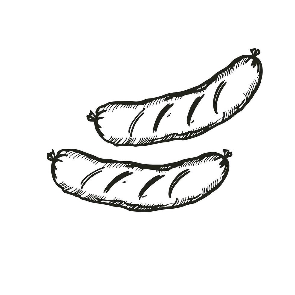 Vector hand drawn grilled sausages, ink food illustration with two meat sausages, black and white sketch of barbeque theme isolated on white background