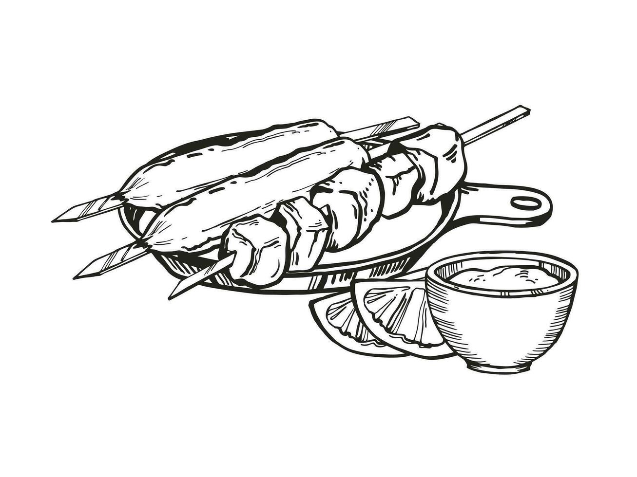 Vector hand drawn grilled kebab, ink food illustration with skewers with different meat barbecue kebab and sauce, black and white sketch of barbeque theme isolated on white background