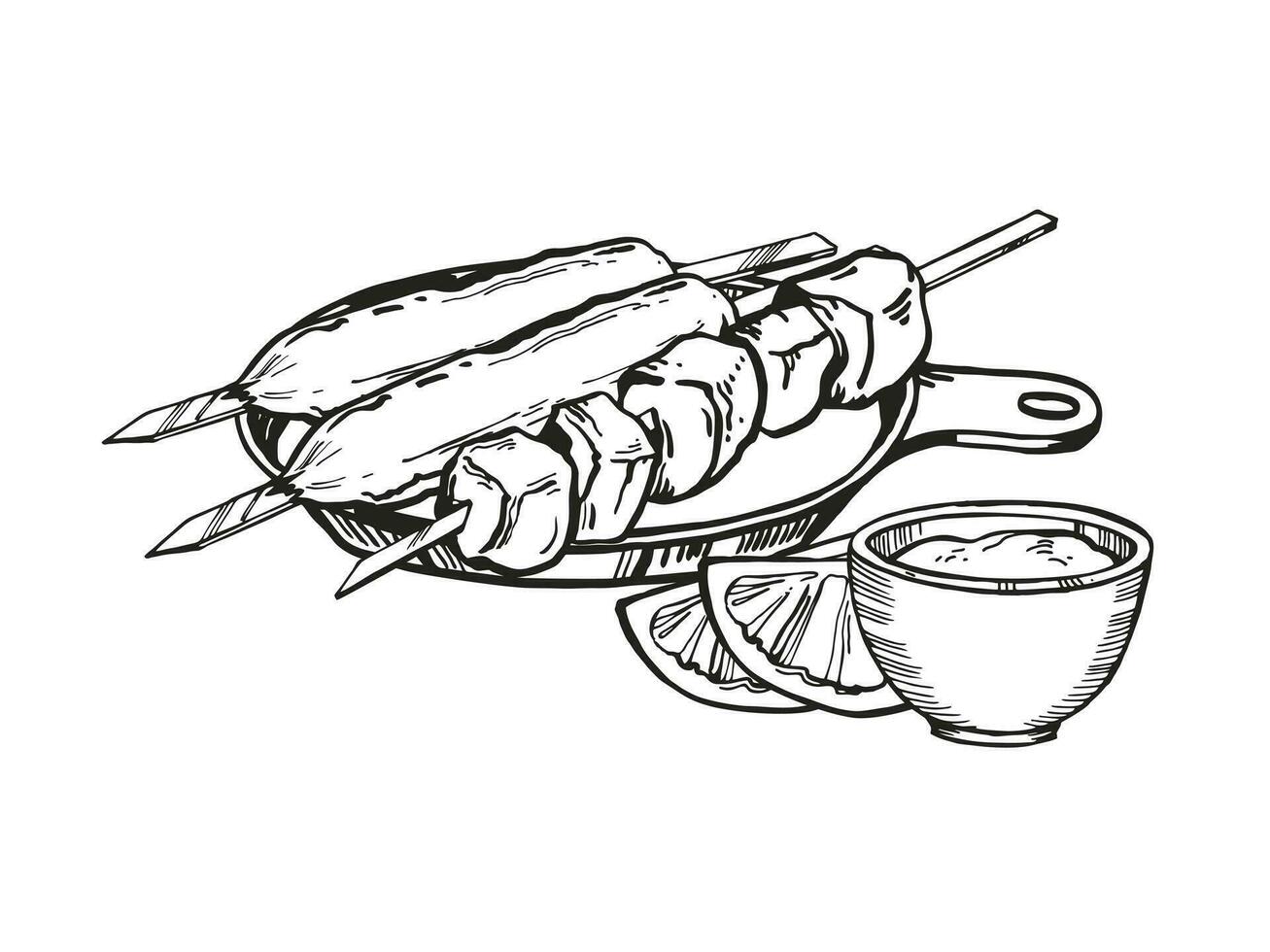 vector mano dibujado A la parrilla brocheta, tinta comida ilustración con brochetas con diferente carne parilla brocheta y salsa, negro y blanco bosquejo de parrilla tema aislado en blanco antecedentes