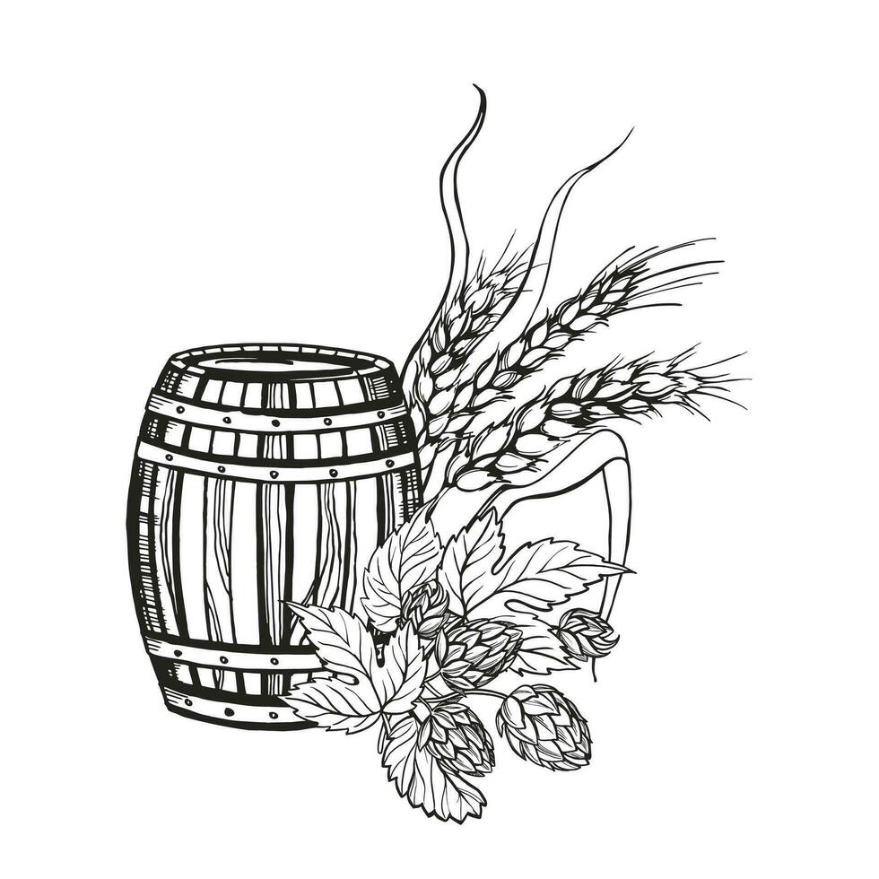 mano dibujado vector bosquejo de de madera barril para vino, cerveza, whisky, salto planta y orejas de trigo, negro y blanco ilustración de madera roble barrilete y trigo planta, entintado ilustración aislado